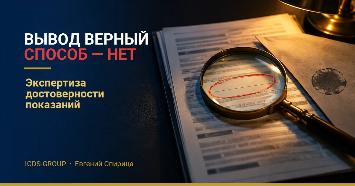 Экспертиза достоверности показаний: лупа над строкой экспертного заключения, обведённой красным, и письмо с печатью